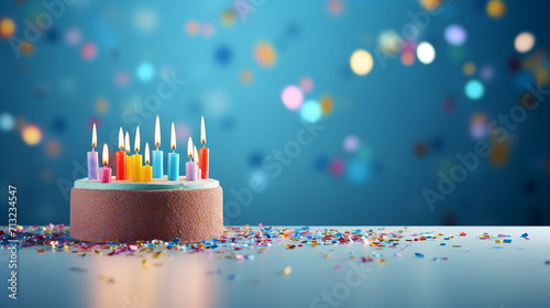 birthday cake with candles, cake with candles, Colorful birthday cake with sprinkles and ten candles on a blue background, A celebration birthday cake with colorful sprinkles, generative ai photo