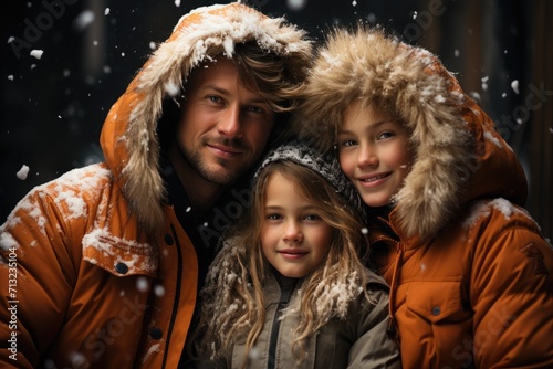 A happy father braves the winter cold with his two children, all bundled up in warm parkas and fur clothing, as they enjoy a snowy day in the park