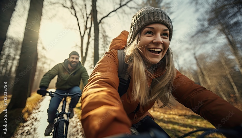 Obraz premium Close up of two mountain bikers on the way at sunset in sport clothing. Young couple athlete cyclist in outdoor nature healthy active lifestyles.
