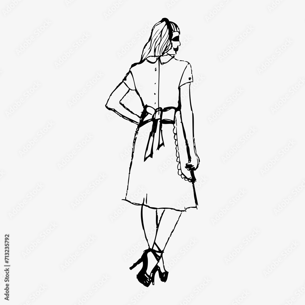 Young beautiful girl, hand sketch ink pen fictional character. Flat vector illustration isolated on white Young beautiful girl, hand sketch ink pen fictional character. Flat vector illustration isolated on white