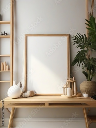 Mock up poster blank frame on the desk in modern interior background