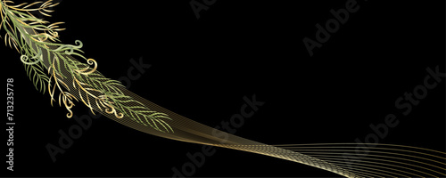 Vector art deco luxury flower, leaves line pattern, golden background. Golden botany banner. Japanese style Hand drawn vector. Line art style design. Hand drawn florals for packaging,coveand wall arts