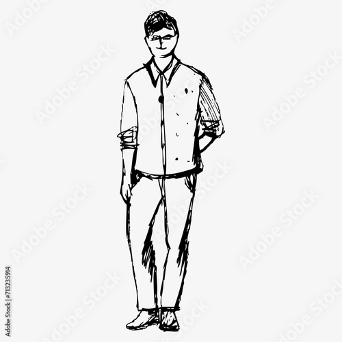 Young man  hand sketch ink pen fictional character. Flat vector illustration isolated on white