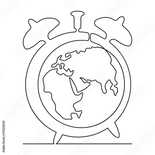 Continuous one line drowing of earth clock and Earth hour concept single line art illustration.
