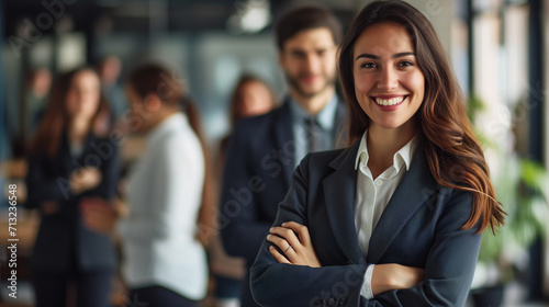a beautiful woman in a business suit, arms crossed over her chest, smiling sincerely in the office, with her colleagues, team or students standing behind her photo