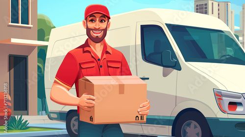 Homem entregador com uniforme vermelho segurando uma caixa de papelão - Ilustração photo