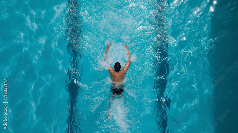Homem nadando em uma piscina visão aérea  - obrazy, fototapety, plakaty 