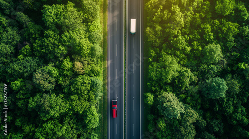 Uma estrada com carros cruzando a floresta verde - Visão Aérea  photo