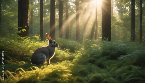 Realistic Forest Encounter: Sunlit Rabbit by the Trees photo