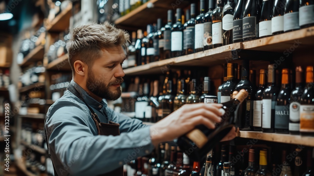 One bottle is taken off the shelf in the cellar shop by a male employee of a restaurant, Generative AI. - obrazy, fototapety, plakaty 