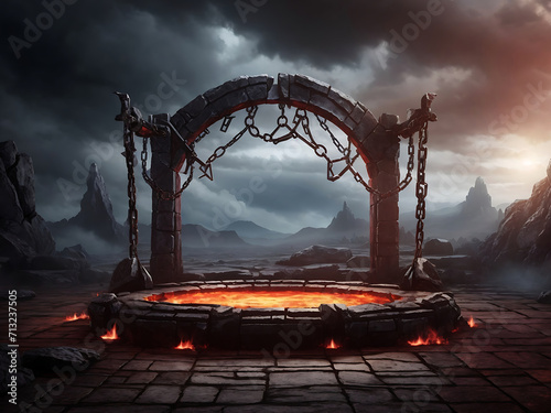 Game battle arena background with hell landscape design with stone circle platform hanging on metal chains design.