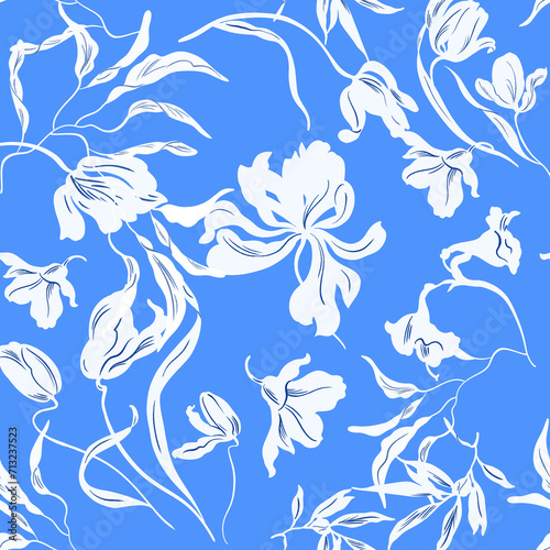 seamless monochrome pattern with graphic scattered flowers