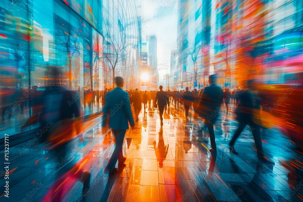 Blurred motion of pedestrians walking on wet city streets with reflections of city lights. Blurred motion of pedestrians walking on wet city streets with reflections of city lights.
