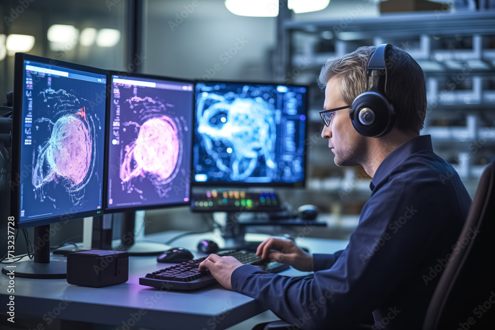 Scientist works on computer simulation of brain networks. Man paves way for innovative approaches in artificial intelligence and neuroscience research Scientist works on computer simulation of brain networks. Man paves way for innovative approaches in artificial intelligence and neuroscience research