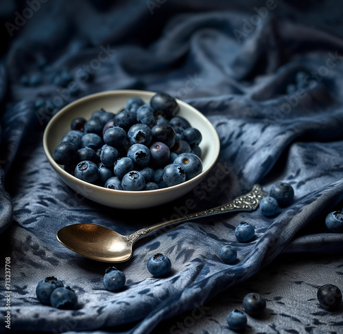 - 5 blueberries on a table with a blue tablecloth, generative ai