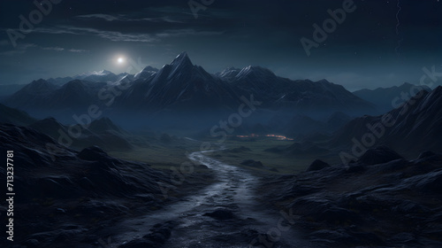 Fantasy landscape with mountains and river at night,, Night sky reveals a mysterious galaxy over a majestic mountain peak 