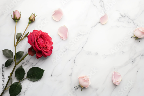 A photorealistic top-view shot of a white marble background with scattered blush pink roses. Wedding, glamor.