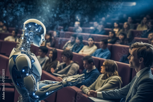 Lecture on AI impact on understanding human cognition and behavior. Robot with built-in artificial intelligence speaks against humans in audience photo