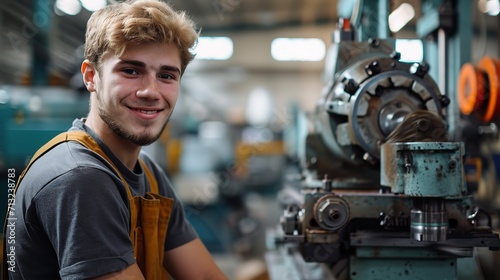 Portrait of a happy mechanical engineer in is duty time with a big copy space, Generative AI.