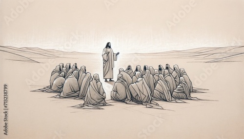 Illustration of Jesus ministry. Jesus Christ preaching in the desert photo