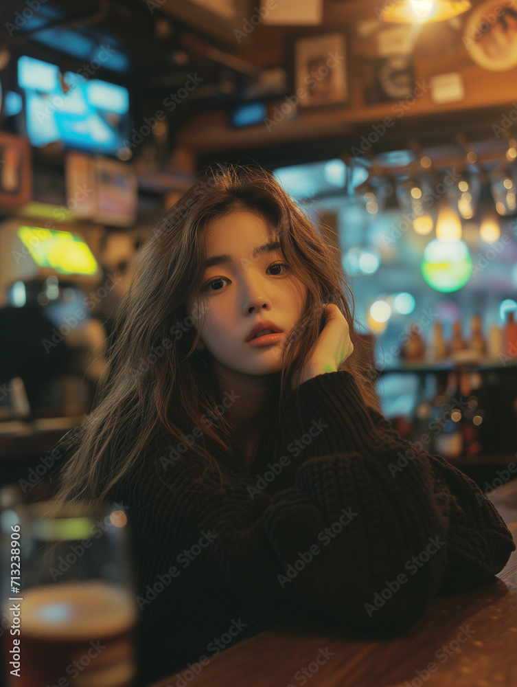 Attractive korean girl sitting in pub with a glass of beer. Brunette girl sitting in bar with seductive look. Attractive korean girl sitting in pub with a glass of beer. Brunette girl sitting in bar with seductive look.