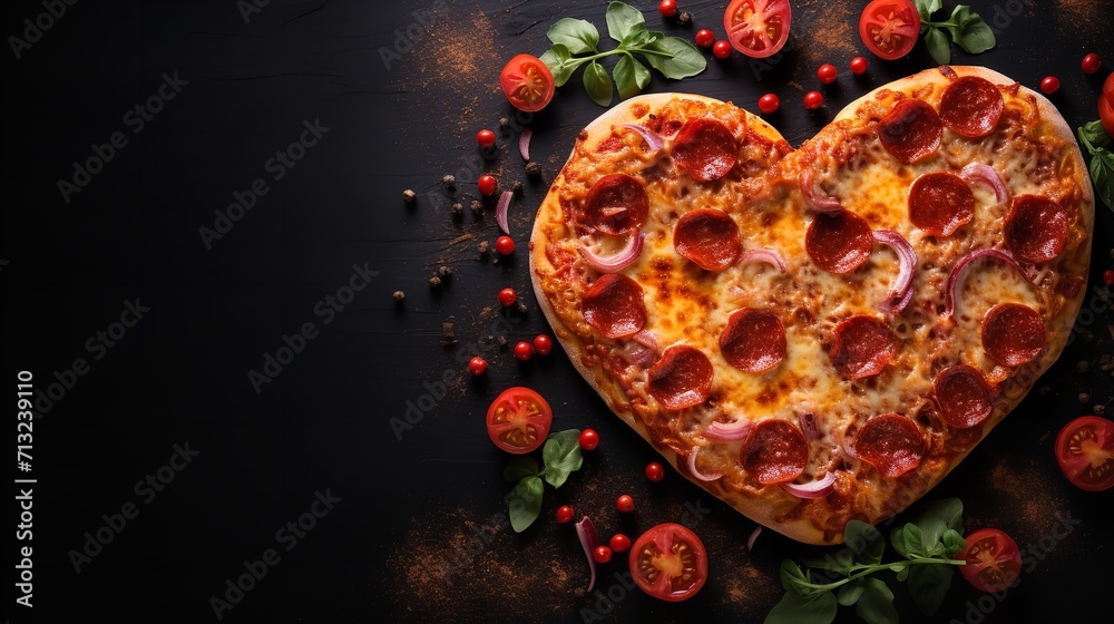 Portrait of a heart shape pizza with a big copy space, Generative AI.