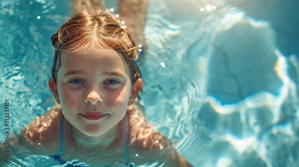 Portrait of a little girl swimming in swimming pool with a big copy space, Generative AI.