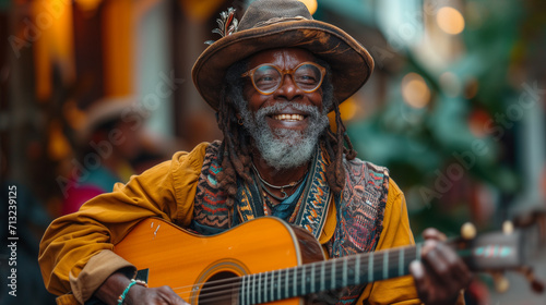 cheerful charismatic black-skinned street musician playing guitar wearing warm clothes and a hat © MYKHAILO KUSHEI