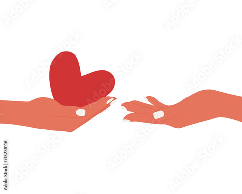 Heart is passing from hand to hand. Volunteer or friend shares empathy and support for needy person. Concept of social aid, psychological help, donation and charitable. Vector illustration.