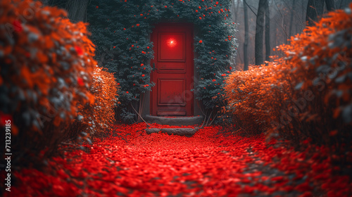 red door at the edge of the house, the house is completely covered with ivy, the path leading to the door is completely strewn with red petals, and bushes with yellowed leaves grow on the sides