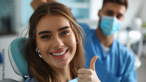 Portrait of a woman patient in dental hospital showing thumbs up, Generative AI.