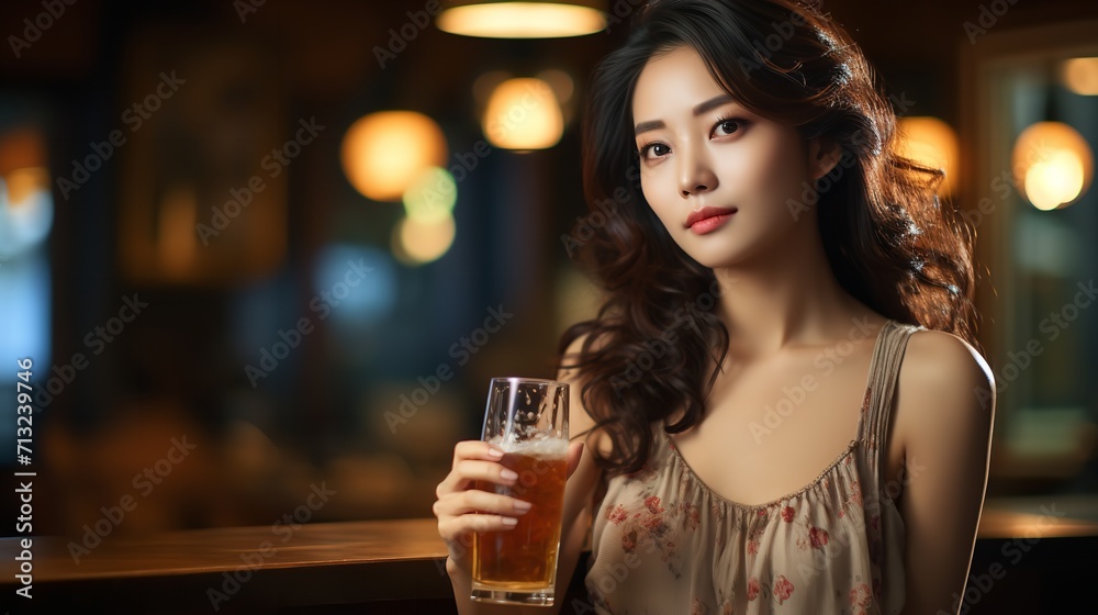 Portrait of an attractive Asian woman holding juice glass in restaurant with a big copy space, Generative AI.