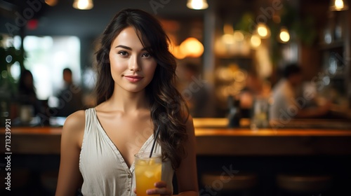 Portrait of an attractive Korean woman holding juice glass in restaurant with a big copy space, Generative AI.