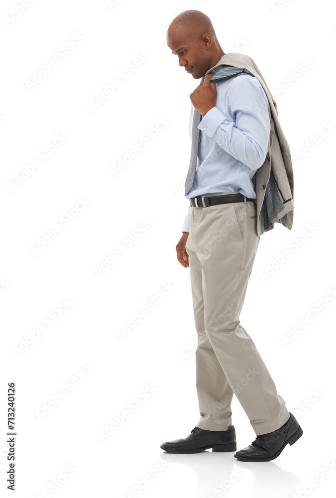 Businessman, thinking and walking or corporate decision as lawyer for future growth, problem solving or opportunity. Male person, blazer and white background in studio or question, thoughts or mockup Businessman, thinking and walking or corporate decision as lawyer for future growth, problem solving or opportunity. Male person, blazer and white background in studio or question, thoughts or mockup