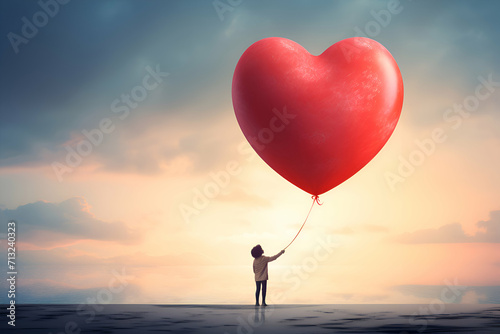 Man holding a red heart shaped balloon on blue background. Valentine's day concept