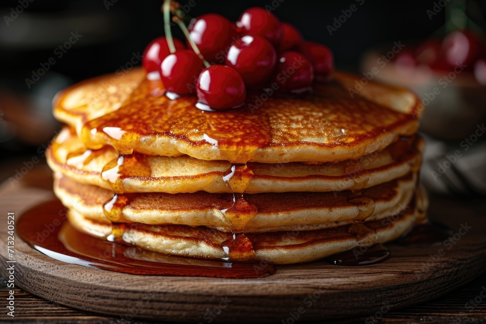 A stack of pancakes with syrup and cherries on top. A stack of pancakes with syrup and cherries on top.