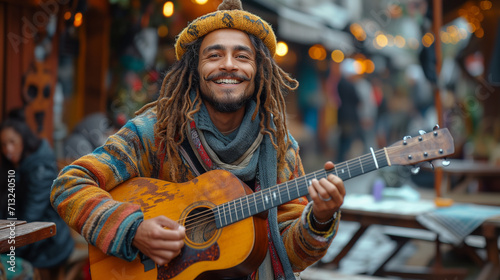 cheerful charismatic dreadlocked street musician playing guitar wearing warm clothes and hat