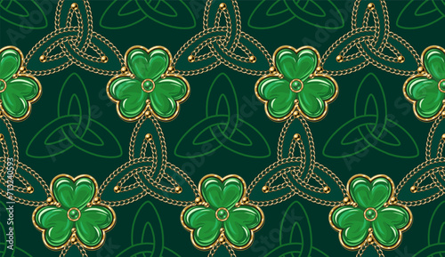 Geometric St Patricks day pattern with celtic triskele sign, gold chains, clover, shamrock like jewelry charm made of green enamel in golden frame. Vintage illustration on dark green background