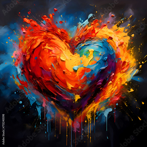 Colorful heart with splashes of paint on a white background.