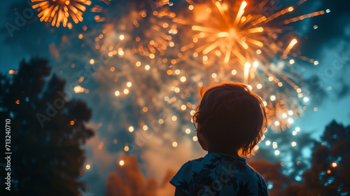 an adorable child looks up at the sky and watches the beautiful fireworks in fascination