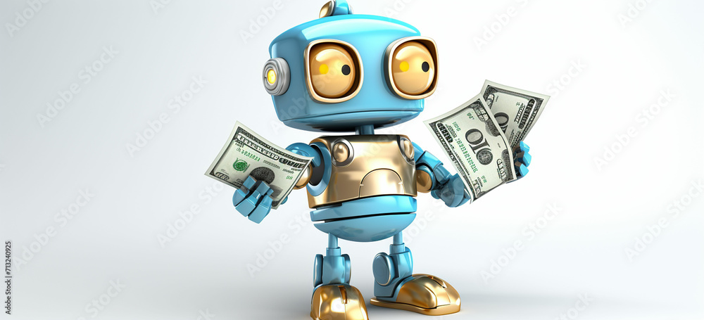 3d cute robot holding a money bag 3d cute robot holding a money bag
