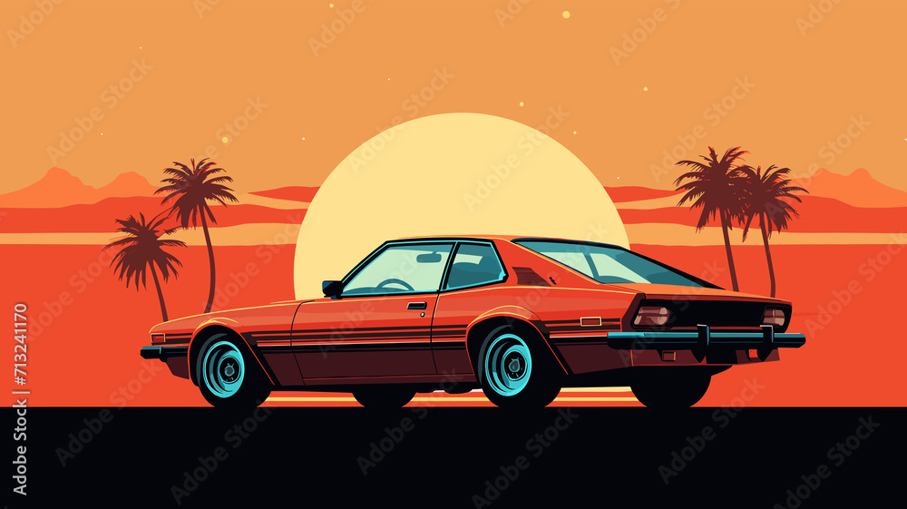 Vintage car on the beach with landscape wallpaper