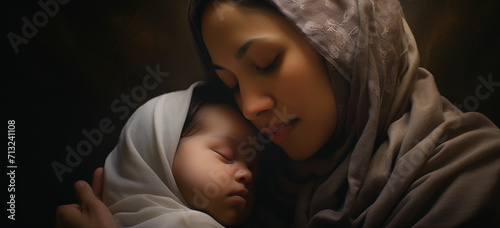 The mother holds the sleeping baby in her arms