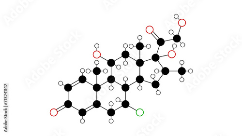 alclometasone molecule, structural chemical formula, ball-and-stick model, isolated image synthetic corticosteroid photo