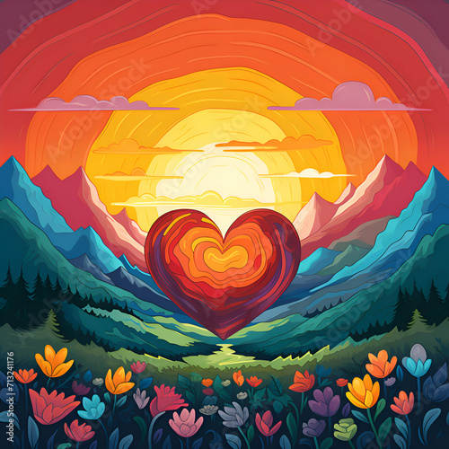 Valentine s day landscape with heart and mountains.  illustration.