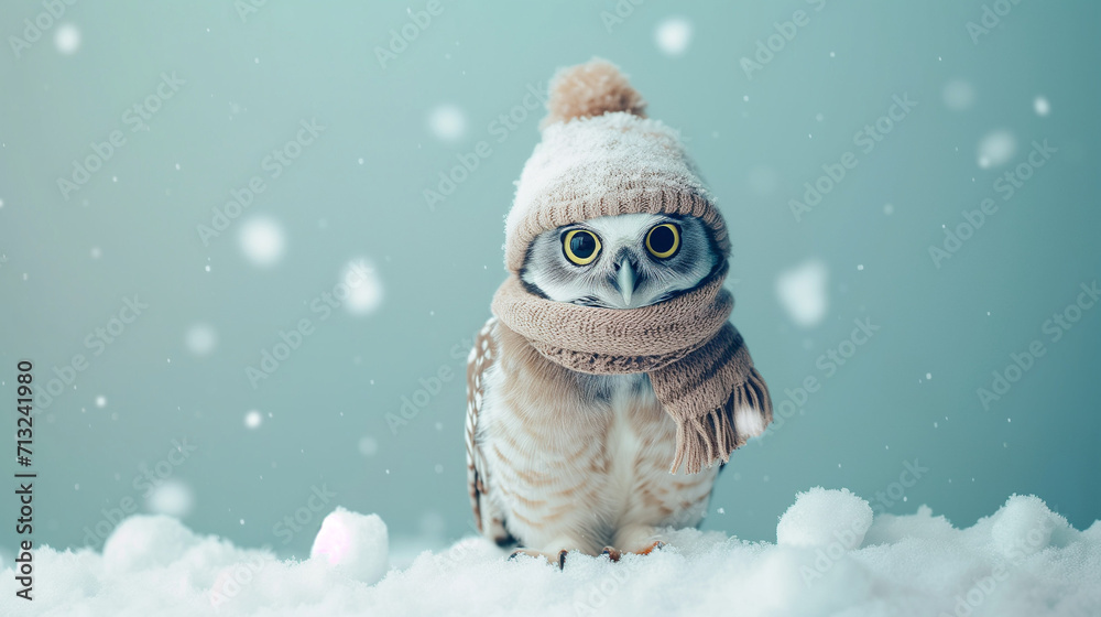 Obraz premium Adorable Snow Owl in Winter Hat: Cute and Cozy Vibes. Copy space. 