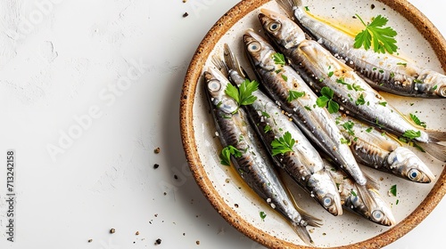 Top view of a plate of raw anchovies with a big copy space, Generative AI.