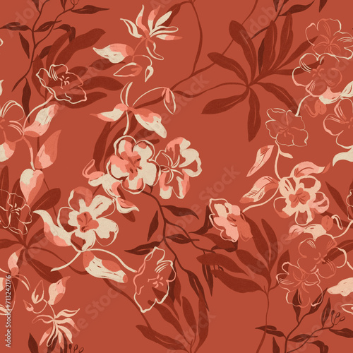 seamless monochrome pattern with graphic scattered flowers