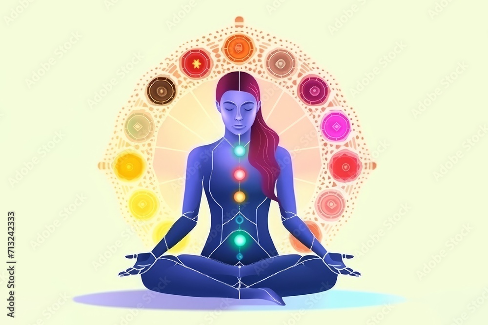 A woman in yoga meditation with seven chakras symbols. Illustration A woman in yoga meditation with seven chakras symbols. Illustration