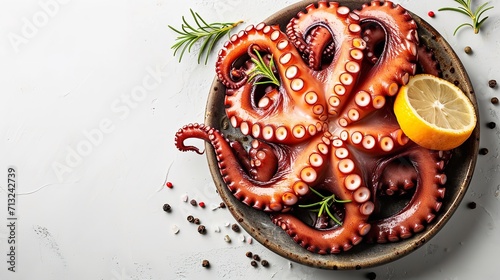 Top view of a plate of raw octopus with a big copy space, Generative AI.